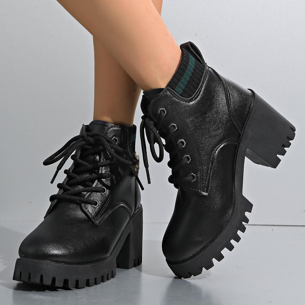 Women Boots Retro Round Toe Chunky Heels Ankle Boots Autumn New High Heels Shoes Woman Lace Up Platform Fur Big Size Short Boots