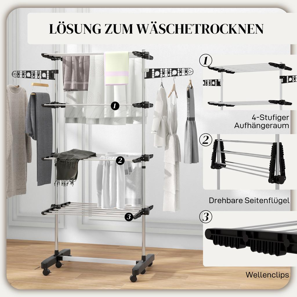 Four-Shelf Collapsing Clothes Horse, With Side Arms and Wheels - Black