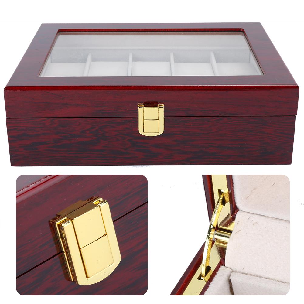 Wooden 10 Grid Watch Display Box Transparent Window Watch Storage Box (Red)