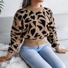 Women Autumn Winter Leopard Print Knitted Crop Sweater Long Sleeve O Neck Nipped Tops Sizes S To L
