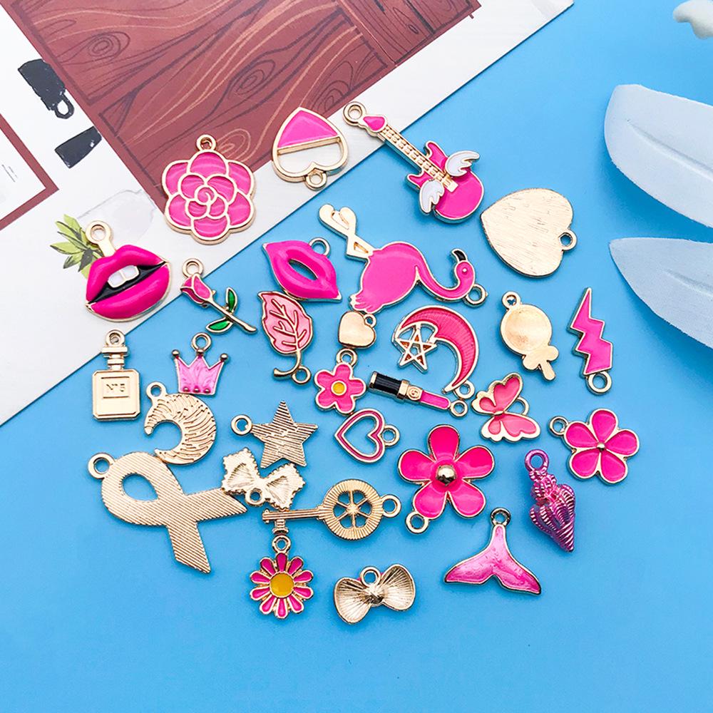 30 Cartoon Alloy Jewelry Pendants: Rose Red Drip Oil for DIY Bracelet and Handbag Accessories