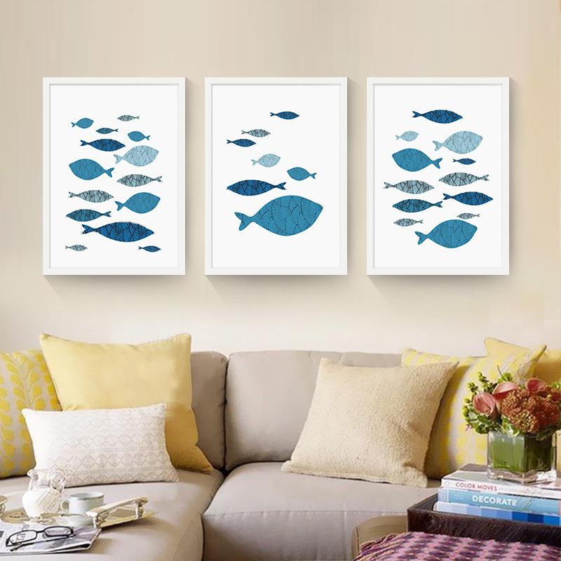 3 sätze Mediterranen stil dekorative malerei abstrct blau fisch zimmer moderne einfache malerei frische schlafzimmer wand poster