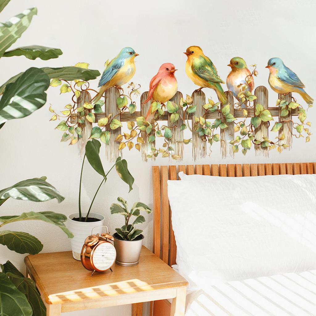 Cartoon Cute Bird Fence Leaves Bedroom Living Room Home Background Decoration Self Adhesive Stickers