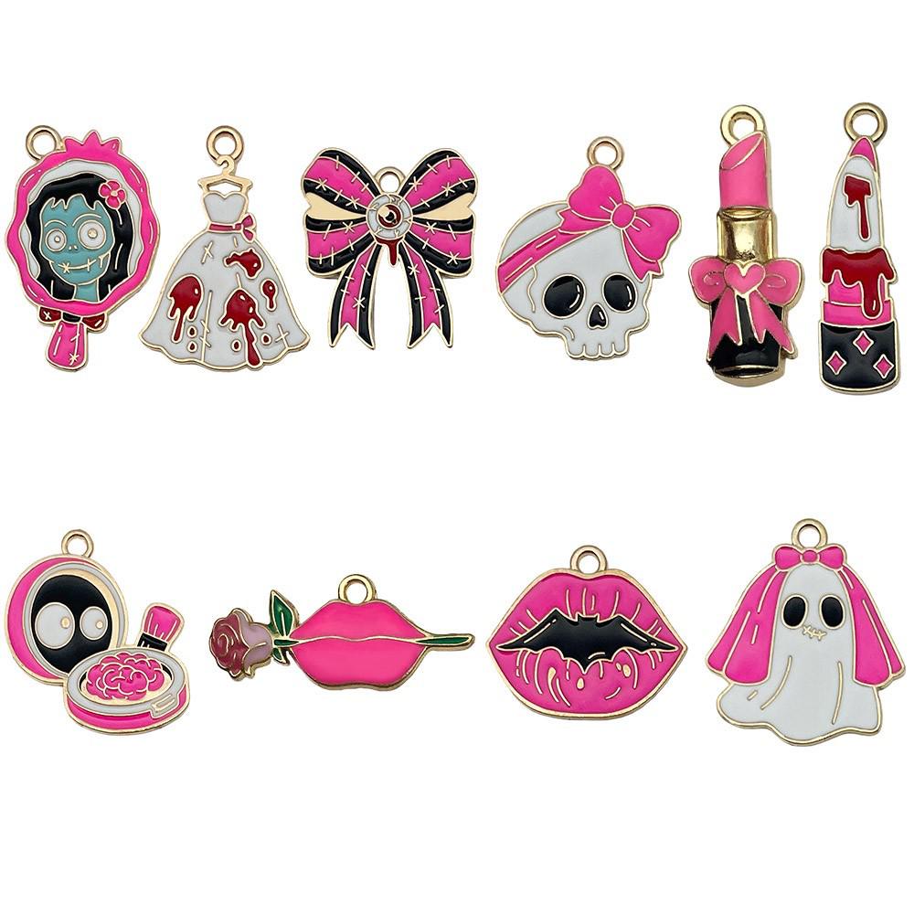 Set of 10 Mixed Rose Red and Pink Alloy Skull Pendant Charms for DIY Jewelry