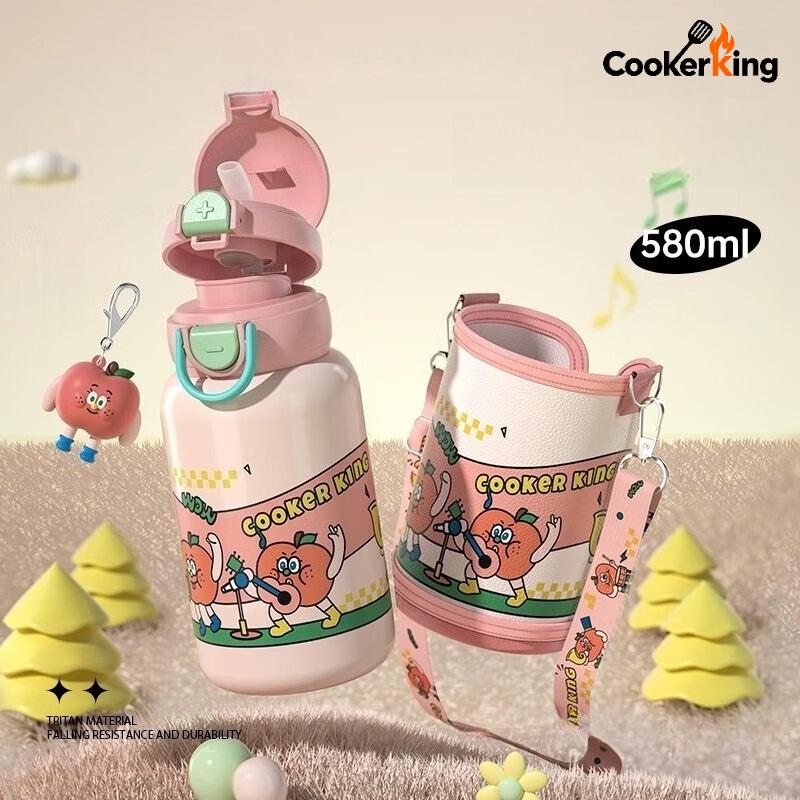 

COOKER KING 580ML Thermos Cup with Straw Stainless Steel+PP Children Cup with Cup Sleeve Waterbottle Kid s Birthday Gift 580ML рожевий