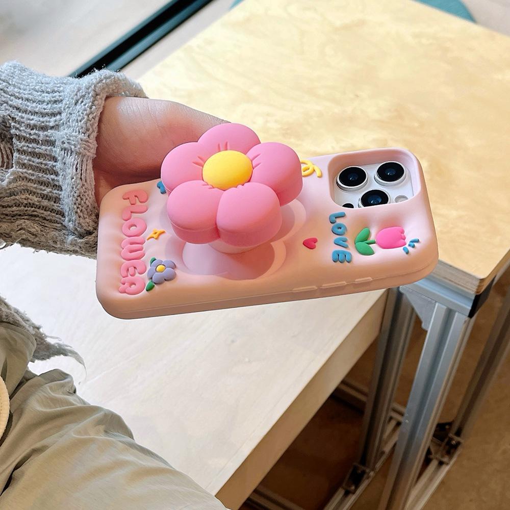 Cute 3D Floral Bracket Soft Silicone Case Flower Stand Holder Cover for iPhone 16 15 14 13 12 11 Pro Max 7 8 Plus X XS Max XR