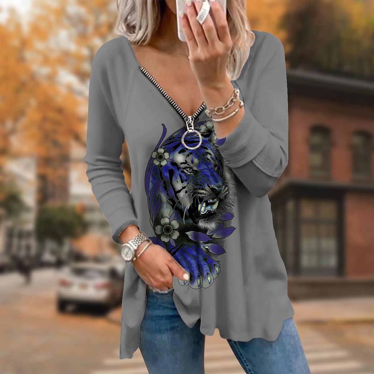 Женские футболки с длинным рукавом и принтом «Осенний цветок-тигр» — фото 8