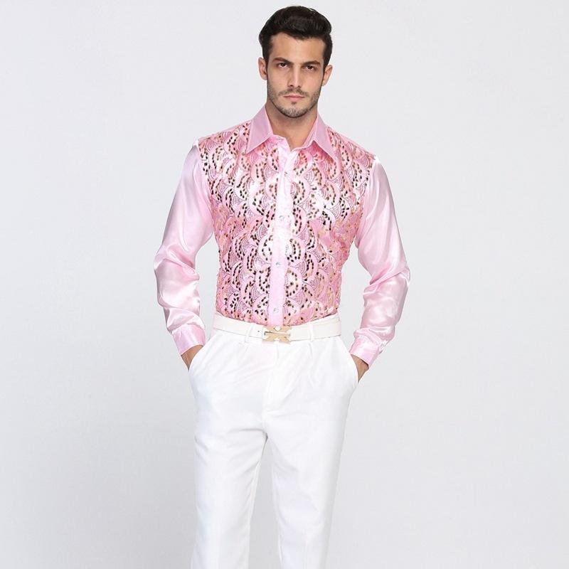 Men's Luxury Sequined Shirt Form-fitting Formal Shirt for Wedding Single-breasted Shirt with Long Sleeves Lapels