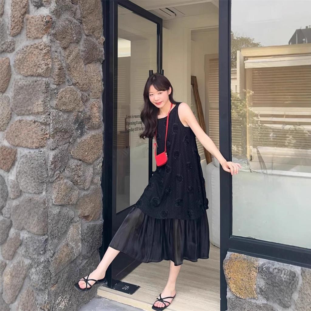 Seaside Vacation Style Long Dress Women's Summer New Sweet Three-dimensional Flower Fake Two-piece Loose Vest Dress