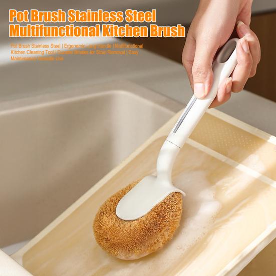 Pot Brush Ergonomic Long Handle Coconut Palm Bristles Cleaning Brush Multifunctional Kitchen Cleaning Tool
