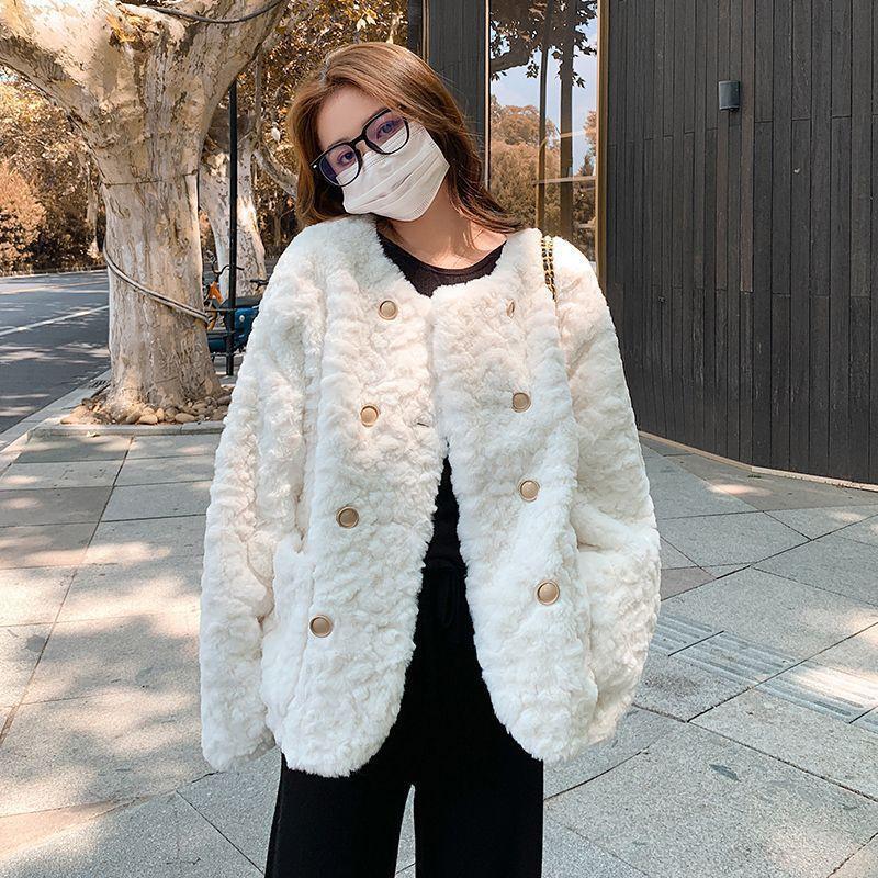 Lamb Wool Imitation Leather Coat Women's Winter New Thickened White Plush Top Cotton Jacket Round Neck