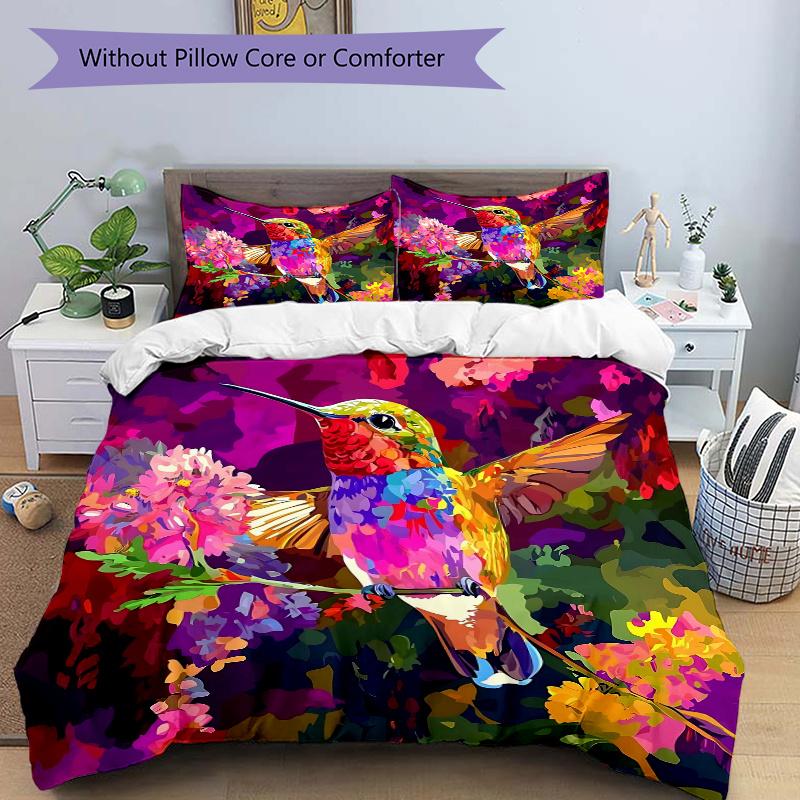 3pcs Hummingbird in a Vibrant Garden Quilt Cover Set - Soft & Comfortable Polyester Fabric, All-Season Breathable Comforter Set For 1 Quilt Cover