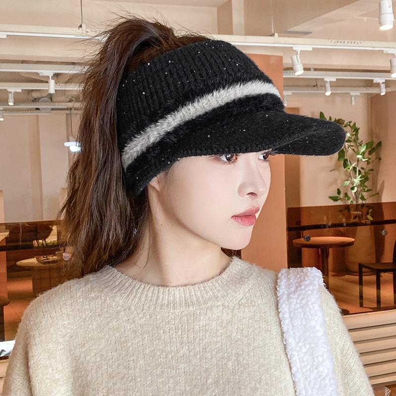 

Женская осенне-зимняя вязаная шляпа с открытым верхом, ветрозащитная шляпа с козырьком, шерстяная шляпа с плюшевой цветовой гаммой, теплая шапка для ушей, визуально делающая лицо худым One size