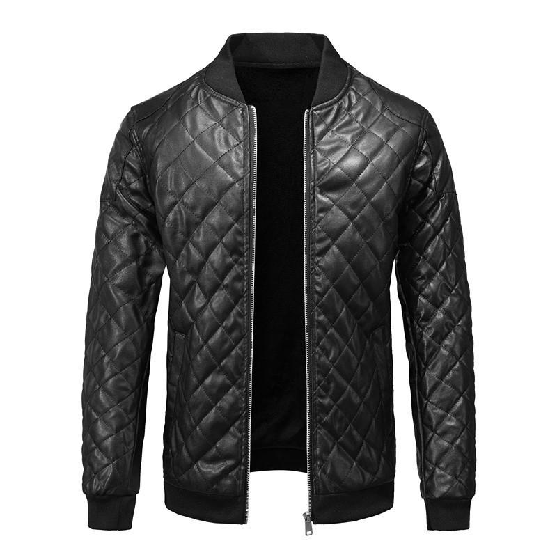 Men's Black Stand Collar Leather Jacket with Zipper Welt Pockets and Straight Hem for Autumn/Winter Casual Wear
