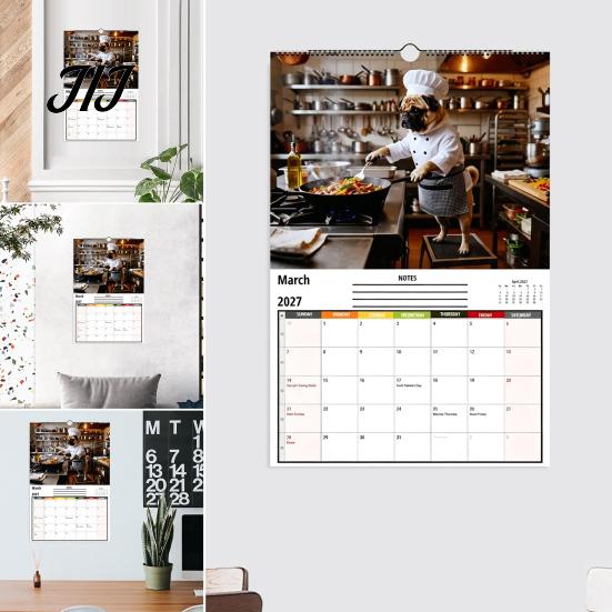 Home Study Room Decoration 2027 Pugs Working Wall Calendar, Funny Dog Hanging Office Organizer 12 Monthly Planner with Unique Illustrations for Decor