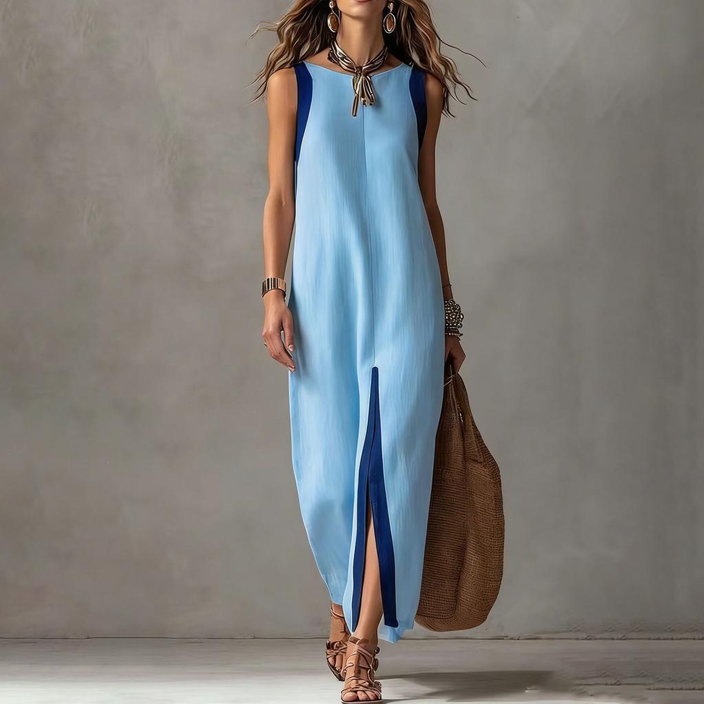 Vestido Casual Suelto de Manga Corta con Cuello Redondo, Dobladillo Dividido y Bloques de Color para Uso Diario, Oficina, Salidas de Vacaciones, Playa
