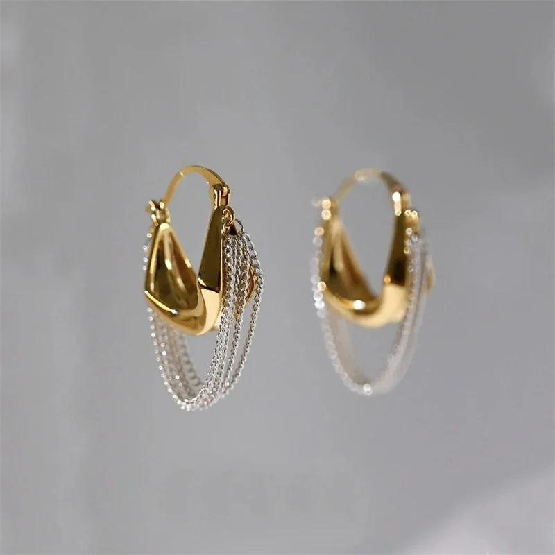 Light Luxury Tassel Chain Vintage Earrings for Women , Gold and Silver Color Contrast Temperament Retro Daily Wear Accessories