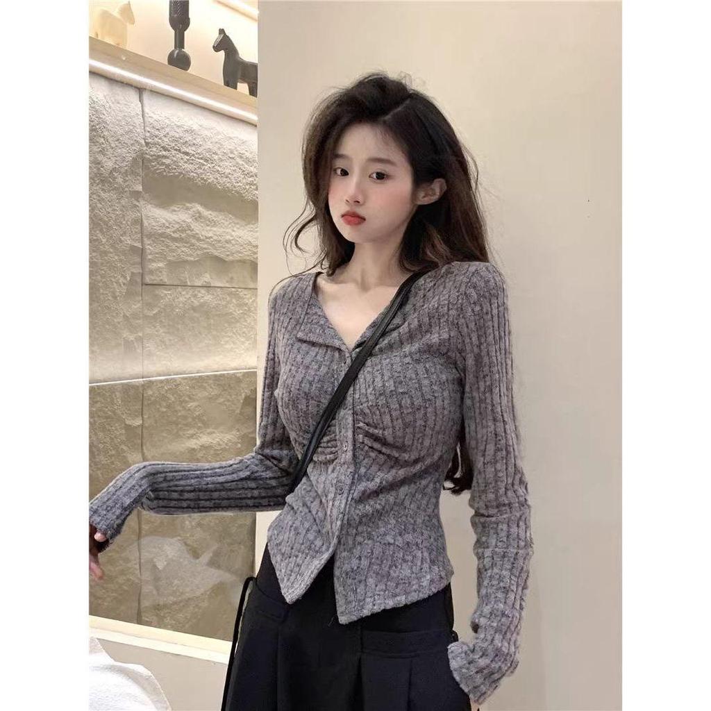 Korean-Style Ruched Collar Knitted Sweater: Autumn Slim-Fit Long Sleeve T-Shirt Top