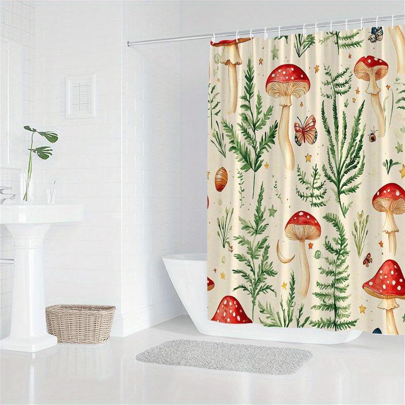 1pc Exotic Red Cap Mushroom Shower Curtain with White Spots, Lush Green Ferns, Colorful Butterflies and Ladybugs - Polyester