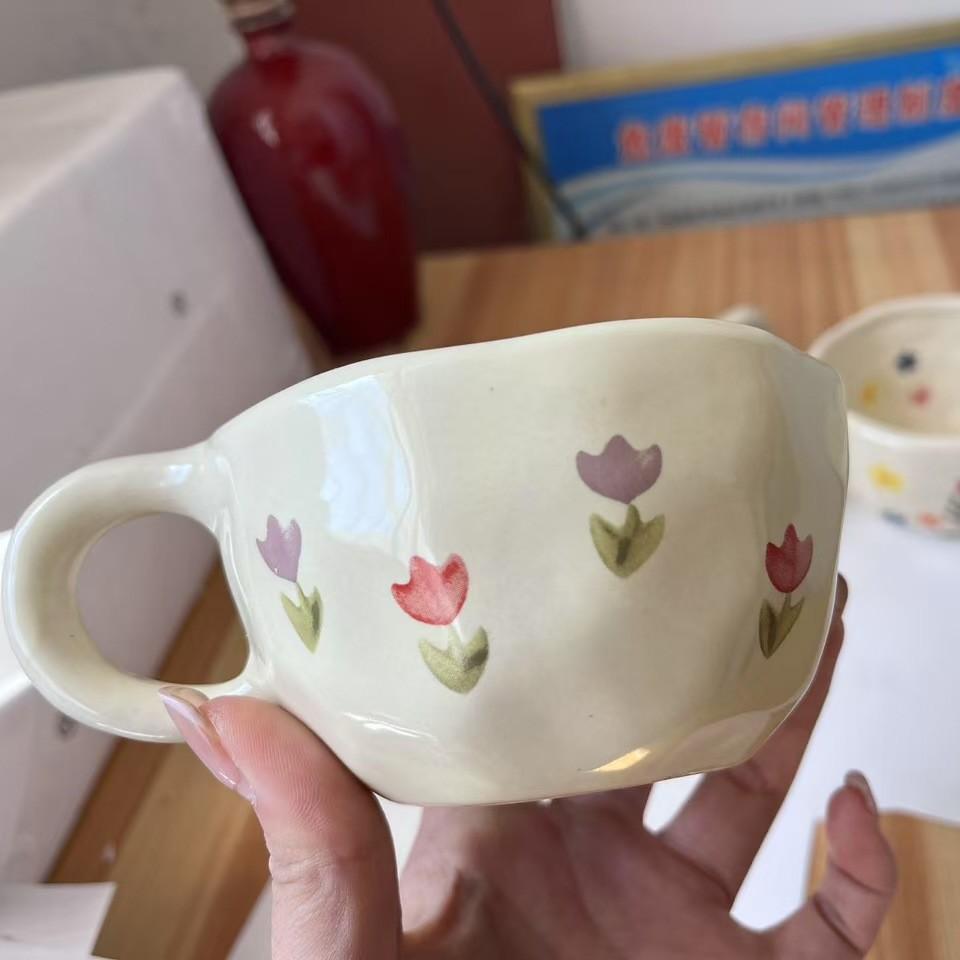 Hand Pinched Irregular Flower Ceramic Mugs Coffee Cups Milk Tea Cup Ins Korean Style Oatmeal Breakfast Mug Drinkware Kitchen Cup