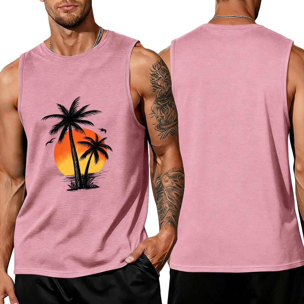 Men Sleeveless Crew Neck Tank Top with Tree and Print Relaxed Fit Casual Shirt for Summer Outdoor Use