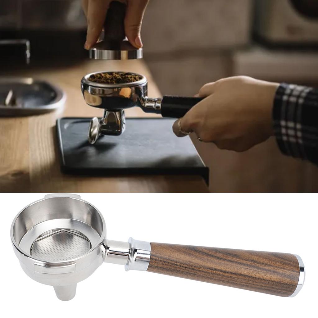 58mm Bottomless Portafilter Single Spout Stainless Steel Coffee Portafilter   Wood Handle