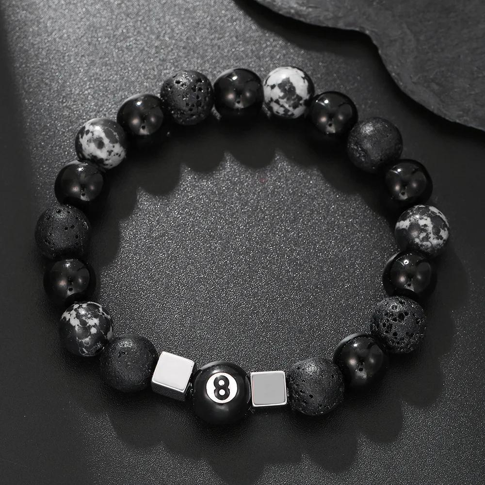 Retro Fashion 10mm Natural Black Agate Stone Beaded Bracelet for Men Punk Style Number 8 Cross Bangle Hip Hop Rock Jewelry Gift