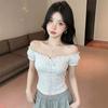 French white one-word neck floral lace-up bubble sleeve T-shirt women's summer niche slim-fit beautiful sweet sister top