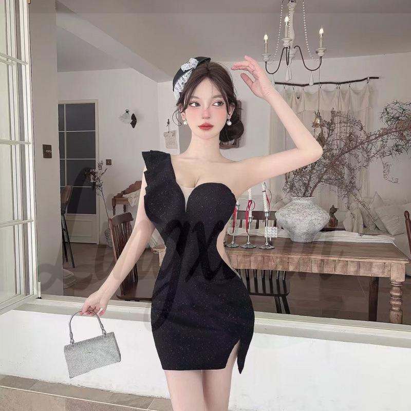 

Low-Cut Ruffle Hem Mesh Patchwork Bodycon Dress Large чорний
