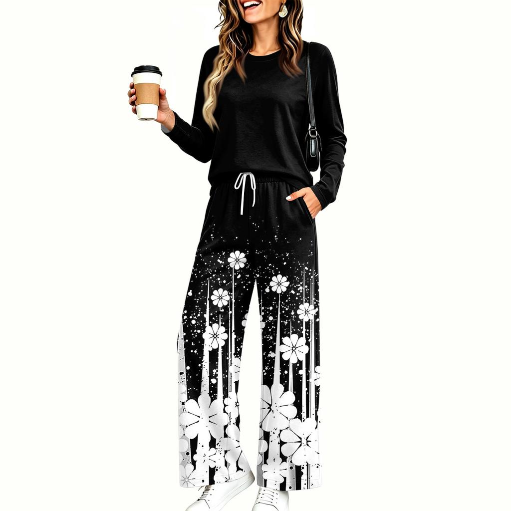Women's Casual Printed Long Sleeve Round Neck Loose Fit Pajama Set with Pockets for Home Wear