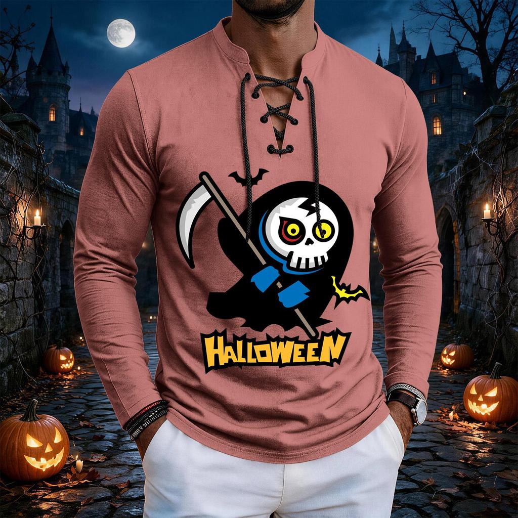 Men's Vintage Halloween Print Lace-Up Long Sleeve T-Shirt