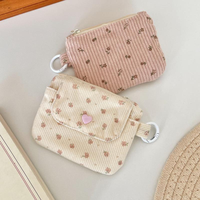 Cute Corduroy Coin Purse Fashion Floral Print Heart Snap Button Mini Wallet for Student School Carry Change Jewelry Storage