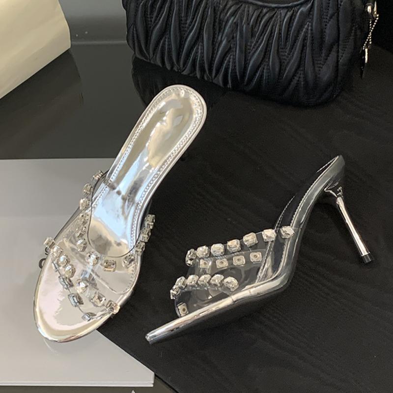 PVC Transparent Women Slippers Sandals Fashion Round Open Toe Diamond Rivets Designer High Heels Mules Slides Shoes Silver