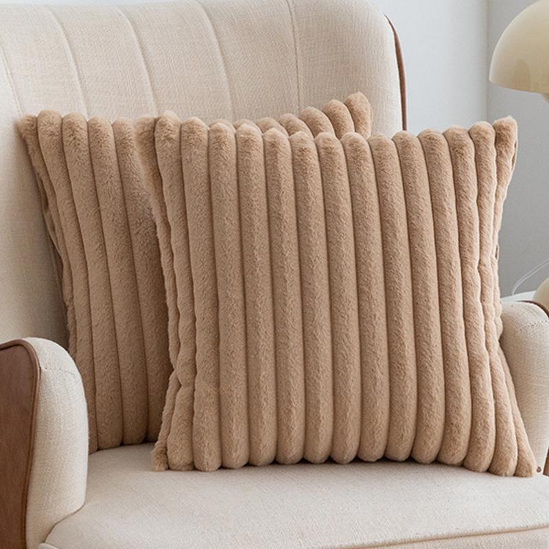 1pc Faux Fur Plush Decorative Throw Pillow Covers Fuzzy Striped Soft Pillowcase Cushion Covers for Sofa Couch Bedroom 18x18 Inch