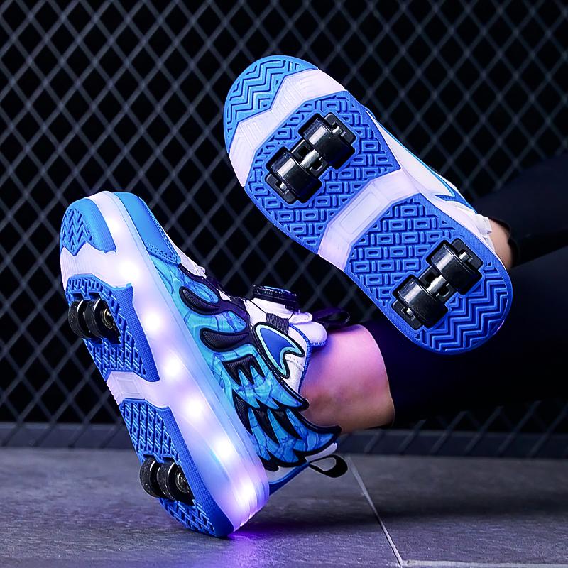 28-37 Children's Four-wheel Disassembly Into Flat Sports Shoes LED Illuminated Children's Illuminated Sports Shoes