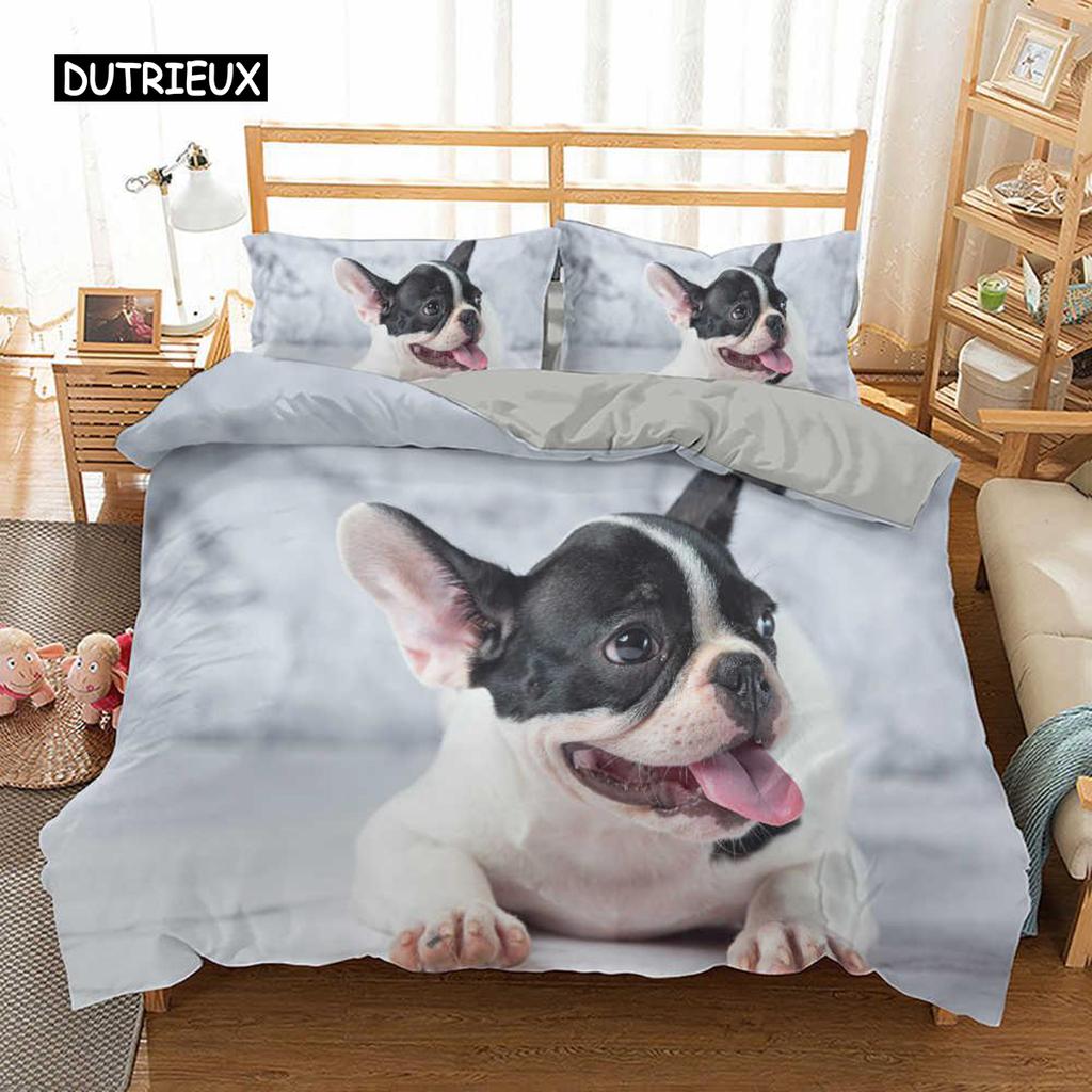 Sett med dynetrekk for fransk bulldog, King size, Søt valp, Dyretema, Sengetøy for barn og tenåringer, Polyester, 2/3 deler, Mykt dynetrekk