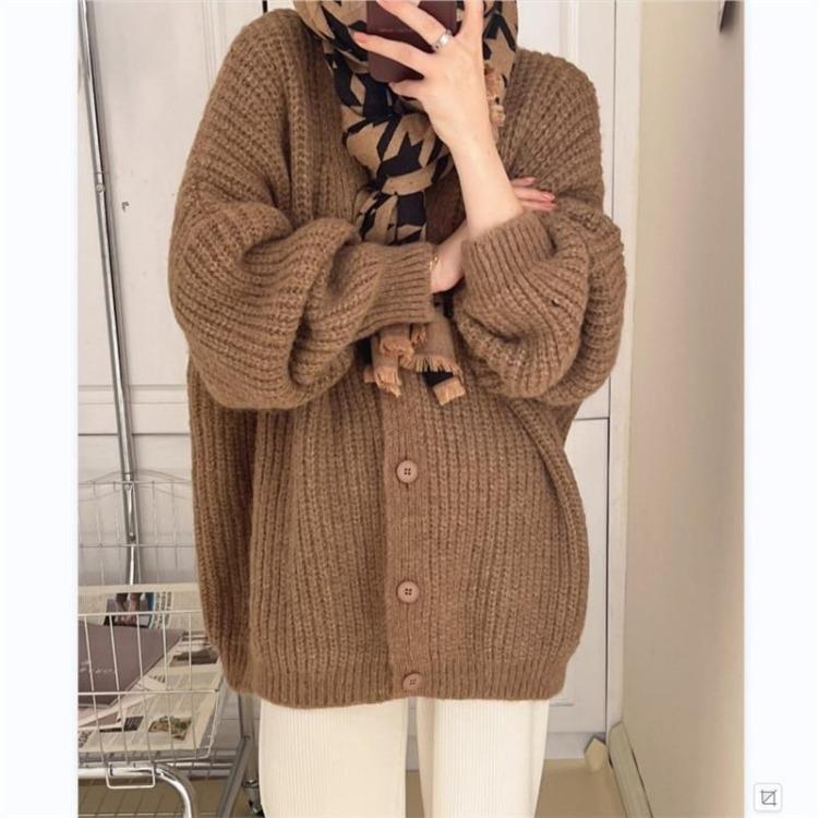 Women Soft Comfortable Casual Breathable Lazy Fashion Simple Solid Top Coat Loose V-neck Long Sleeve Knit Sweater Cardigan