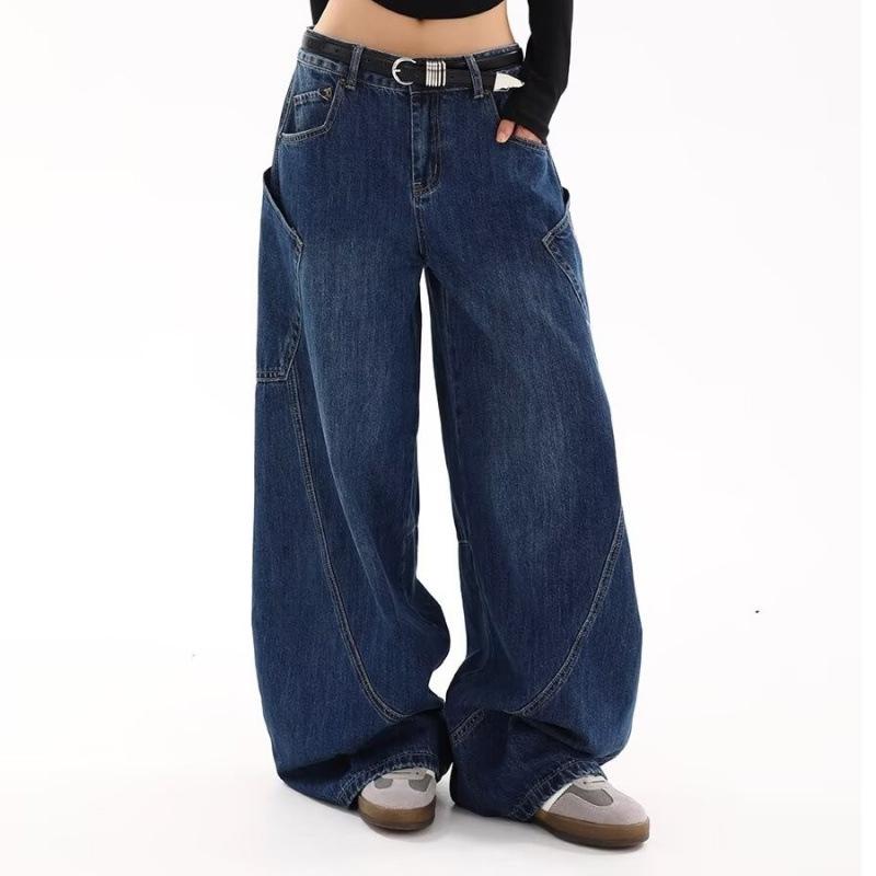 Women's American Retro Wide-Leg Scimitar Jeans - High Street Loose Fit with Big Pockets, Perfect for Spring and Autumn.