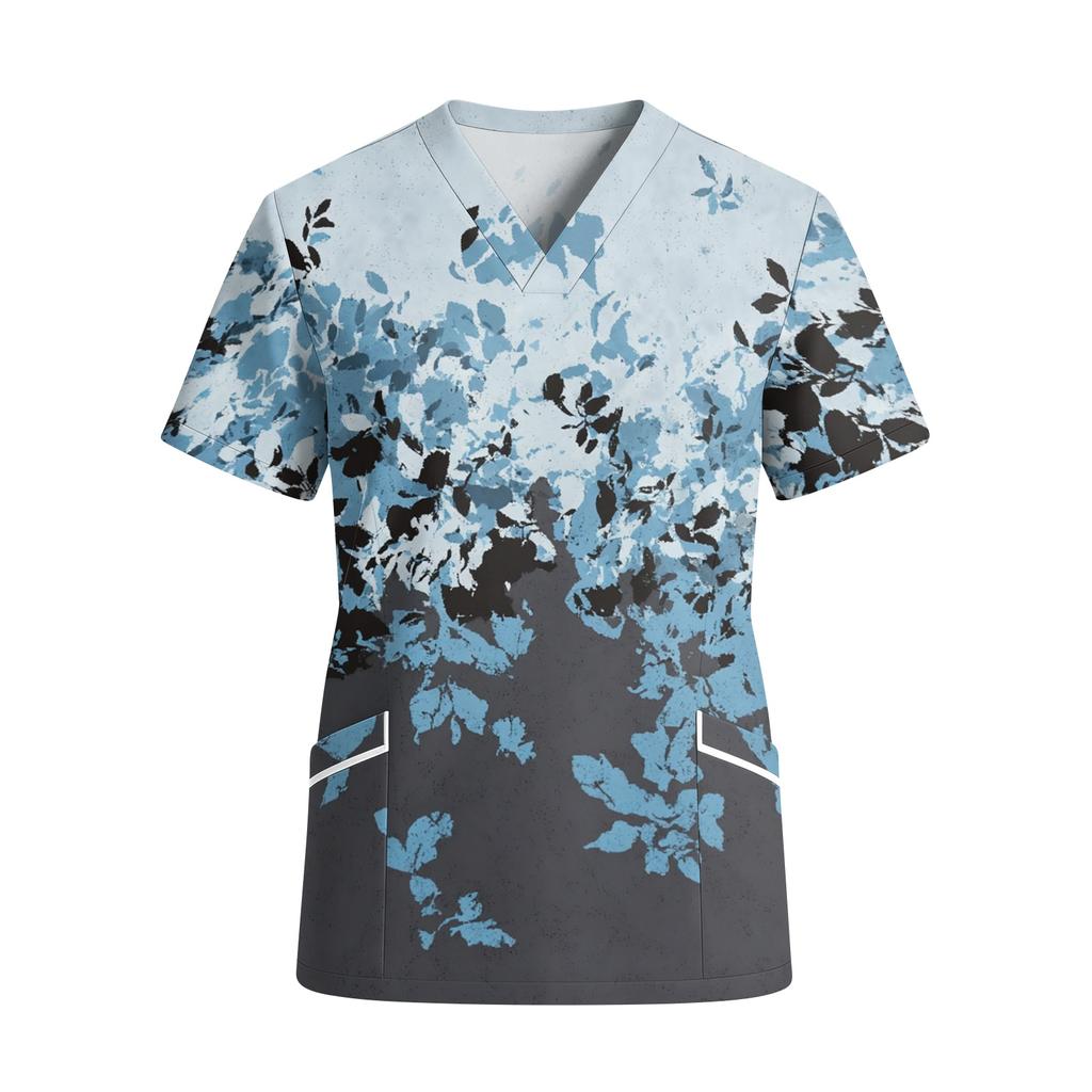 Women's V-Neck Short Sleeve Work Shirt with Pocket, Printed Top for or Uniform, Lightweight Tunic