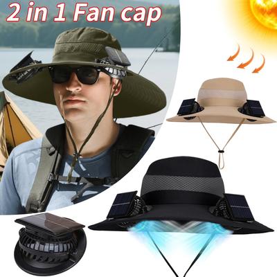 Hut mit breiter Krempe und Solarventilator, abnehmbarer solarbetriebener Ventilator, UV-beständig, Sommer-Outdoor-Wander-Angel-Sonnenhut, tragbare aufladbare Kappen