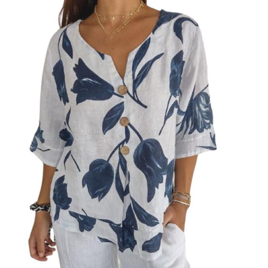 Ženy Jaro Léto Košile Výstřih do V Jednořadá Kontrastní barva Listový potisk Tříčtvrteční rukáv Volný Retro Tenká měkká prodyšná dámská halenka