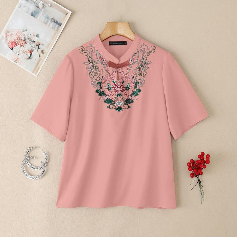 

ZANZEA Women Casual Embroidery Patchwork Summer Short Sleeve Blouse 3XL розовый