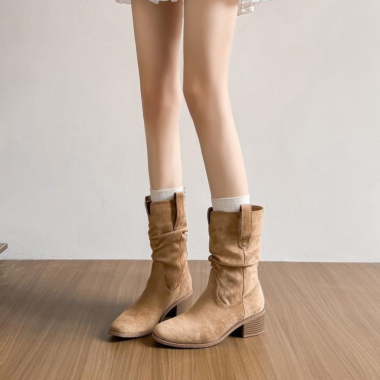 Sheepskin version! Western pleated short boots women's pile boots retro British style small man inner height increase medium tube Martin boots