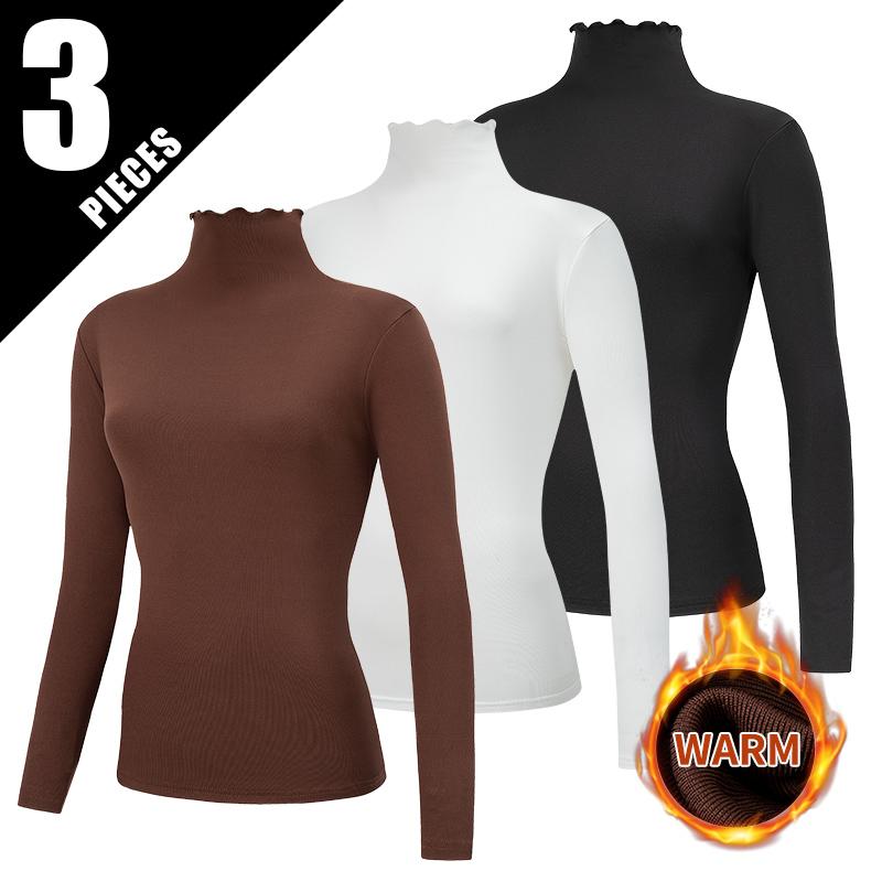 3Piece Autumn And Winter Women's Fashionable Versatile High Neck Top With Fungus Edge Comfortable And Versatile Warm T-shirt