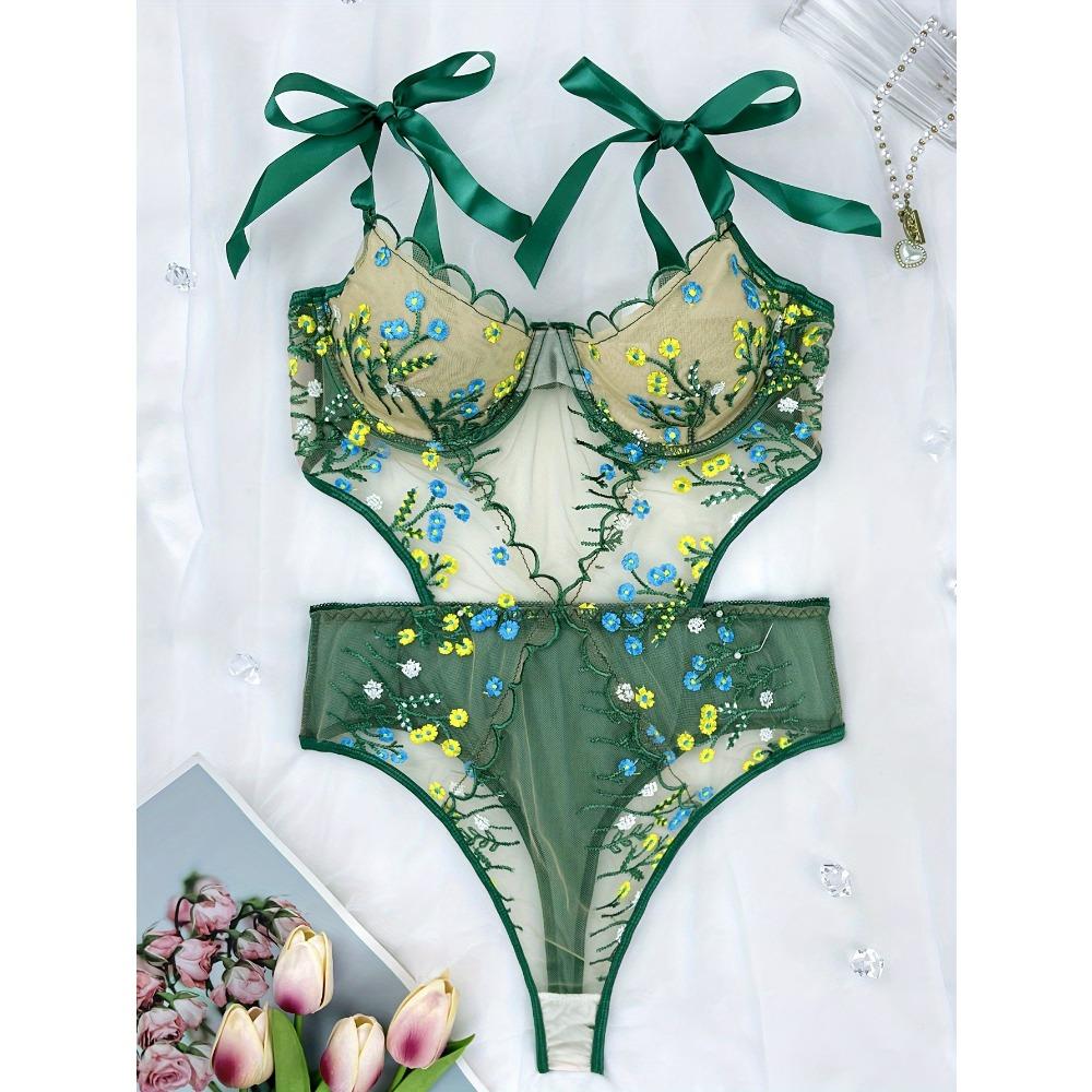 Новый ультратонкий сексуальный цельный секс-комплект с французской цветочной вышивкой и перспективной сеткой XL зелёный