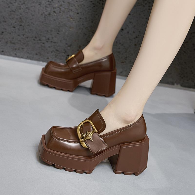 British style loafers women's 2025 spring new thick-soled heightened thick-heeled small leather shoes, one pedal high-heeled single shoes