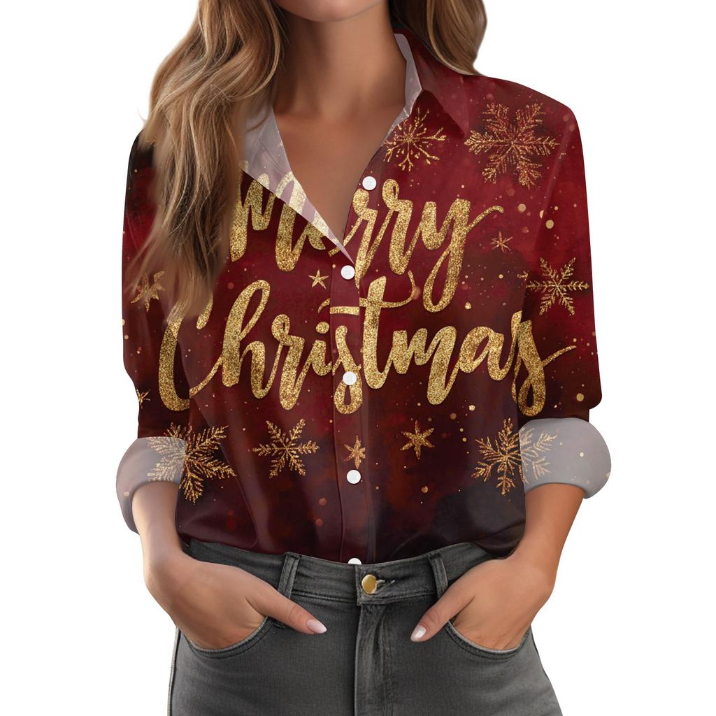 Women's Christmas Print Casual Half-Open Collar Long Sleeve Shirt