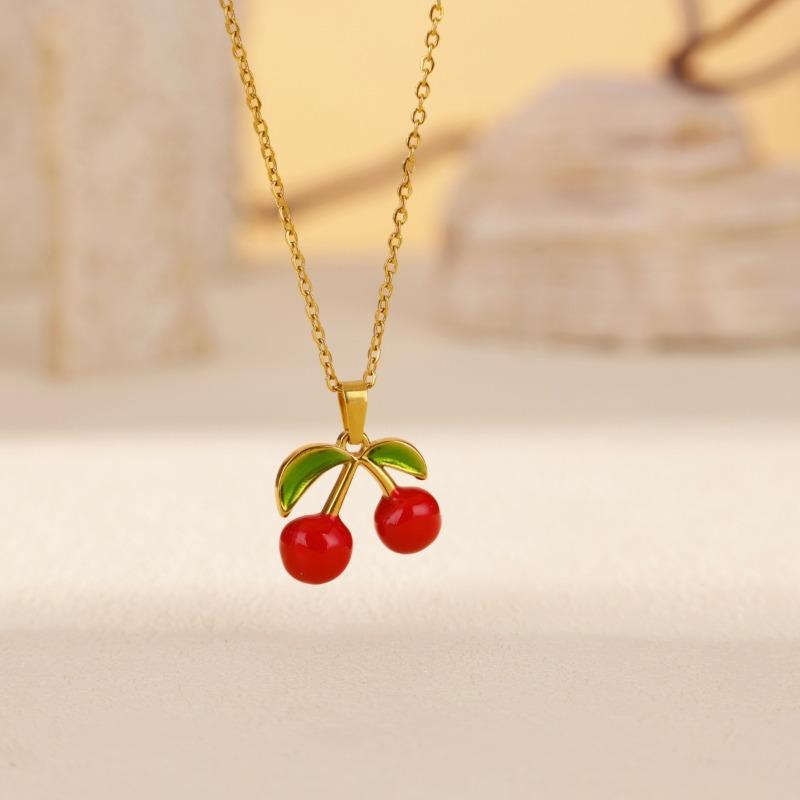 Drip oil slightly inlaid red cherry light luxury necklace women's fashion versatile high sense does not fade collarbone chain