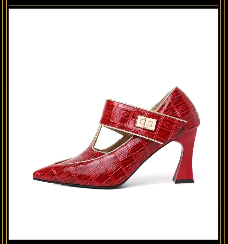 

Модная весенняя женская обувь на каблуках с острым носком и ремешком-пряжкой, в стиле ретро, женские каблуки, толстый каблук, гладкая, для улицы, для банкета, zapatos de mujer 43 красный