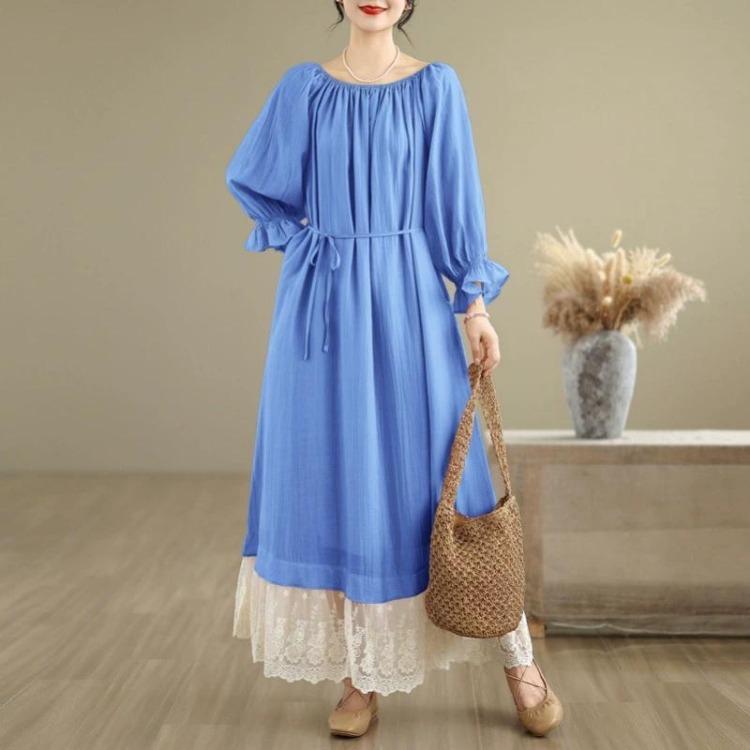 New French Style Oversize Off The Shoulder Dress Patchwork Lace Sweet One Neckline Slim and Long Look